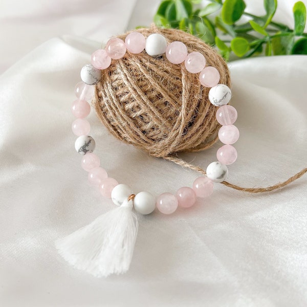 Rose Quartz Howlite Handmade Tassel Beaded Crystal Bracelet | Attracts Love Romance Compassion Confidence Self Love Inner Peace Jewelry