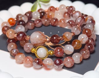 Hämatit Feuerquarz Armband mit weißem Mondstein, handgemachter Kristallschmuck