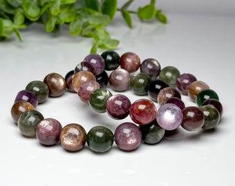 Pulseiras genuínas de lepidolita multicolorida brilhante - contas de 10 mm e 11 mm