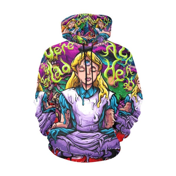 All Over Print Hoodie, Trippy, We're All Mad, Alice, Wonderland, Gift For Birthday, Anniversary Gift, Unisex Hoodie, goth hoodie, goth gifts