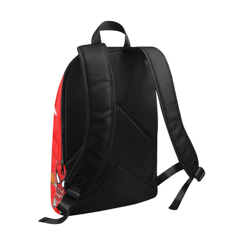 May include: A red and black backpack with a cartoon image of Spider-Man on the front. The backpack has adjustable straps and a zippered pocket.