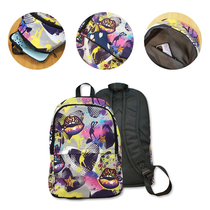 May include: A colorful backpack with a black zipper and adjustable straps. The front of the backpack features a graphic design of lips, hearts, and stars. The backpack has a large main compartment and a smaller front pocket.