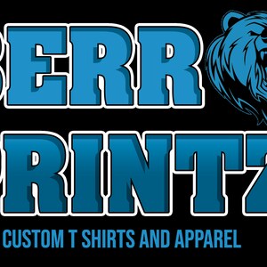 May include: Blue and white logo for a business called "Berr Printz" with the tagline "Custom T Shirts and Apparel". A blue bear head with a white outline is featured in the logo.