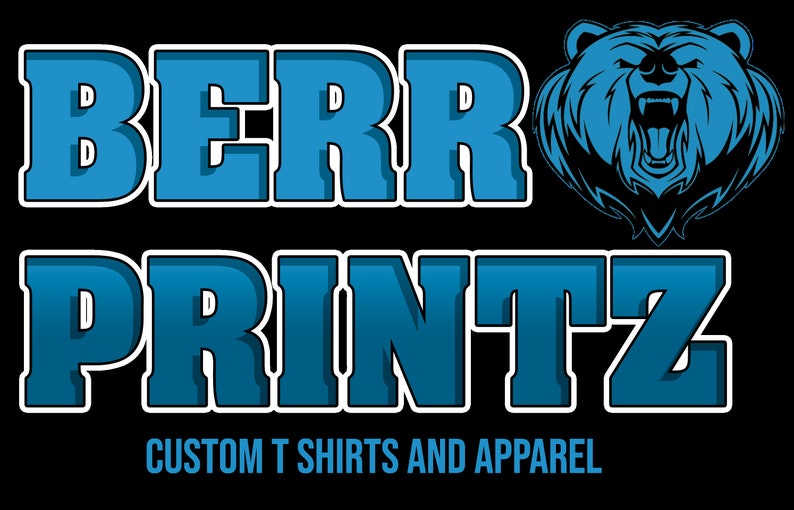 May include: Blue and white logo for a business called "Berr Printz" with the tagline "Custom T Shirts and Apparel". A blue bear head with a white outline is featured in the logo.