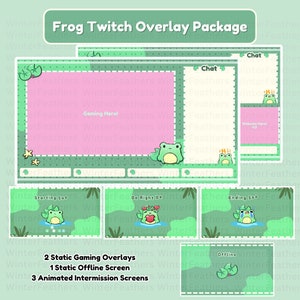 以下が含まれることがあります： 緑とピンクの漫画のカエルが描かれたTwitchオーバーレイパッケージ。パッケージには、静的なゲームオーバーレイ2つ、静的なオフライン画面1つ、アニメーションのインターミッション画面3つが含まれています。画像の上部には「Frog Twitch Overlay Package」というテキストがあります。
