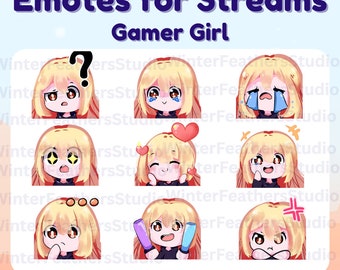 Op de afbeelding: Negen geanimeerde emotes met een cartoonmeisje met blond haar en verschillende gezichtsuitdrukkingen. De emotes zijn ontworpen voor gebruik op streamingplatforms. De tekst "Emotes for Streams Gamer Girl" staat bovenaan de afbeelding.