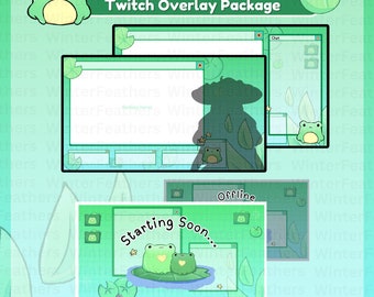 Op de afbeelding: Een groen en blauw Twitch-overlaypakket met een retro-kikkerthema. De overlay bevat een chatvenster, een startscherm en een offlinescherm. De overlay toont een groene kikker die op een waterlelieblad zit.