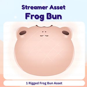 Puede incluir: Un bollo rosa redondo con forma de rana con ojos y orejas marrones. El bollo tiene una superficie texturizada y es un modelo 3D. El texto "1 Rigged Frog Bun Asset" está debajo del bollo.