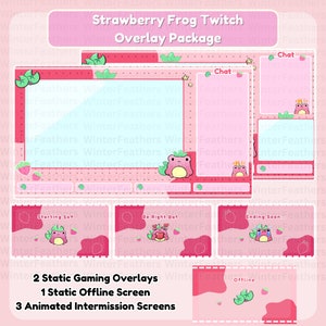 Animated Cute Strawberry Frog Twitch Overlay Package, Animated Intermissions, Offline Screen, Gaming Overlay, Webcam Overlay
