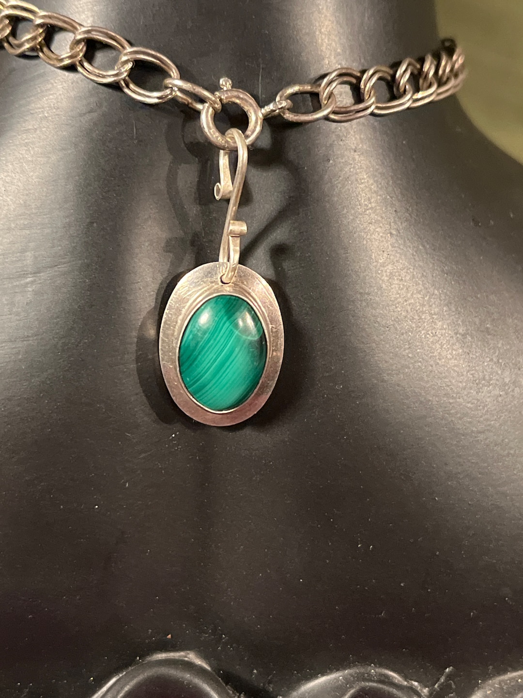 Vintage Silver and Malachite Oval Clasp Weight, Necklace Counterweight