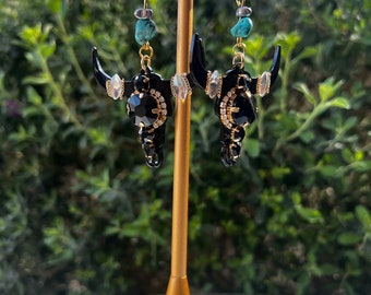 Money and magic Turquoise and hematite, south west, bull head earrings