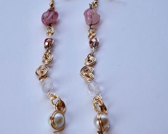 Clear Quartz and pink quartz drop earrings earrings 18k gold posts