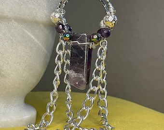 Amethyst and Rainbow Hematite small goddess chain hoop earrings