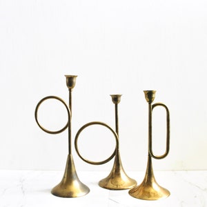 Vintage Brass Trumpet-Shaped Candle Holders | Mid-Century Decor