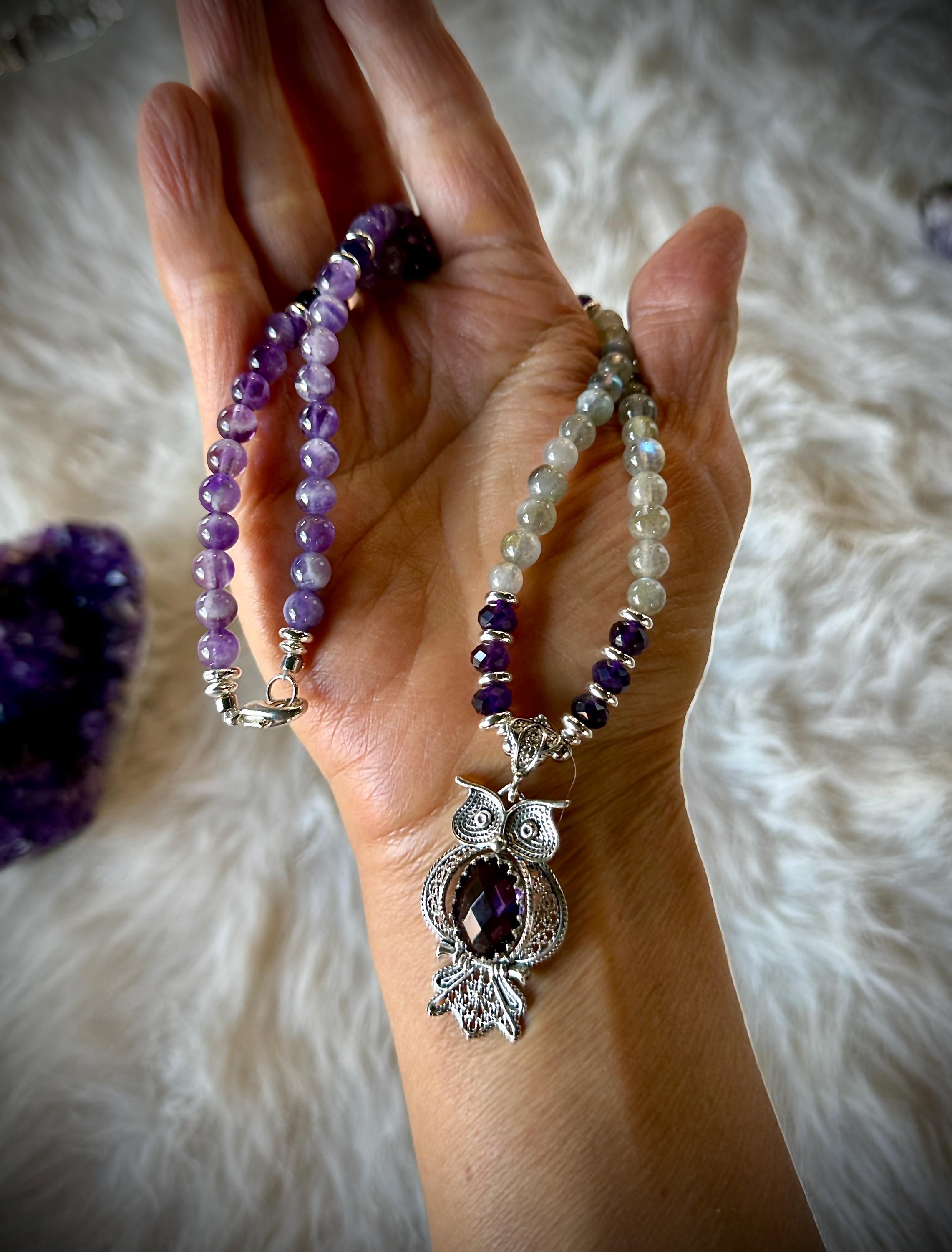 Amethyst Owl Necklace, Labradorite Gemstone, Sterling Silver