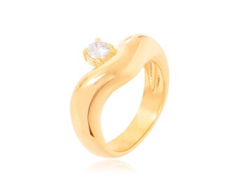 18k Gold Plated Geometric Ring with Crystal Detail, Hypoallergenic, High Quality Jewelry plated in 19k Gold, Gift for Her
