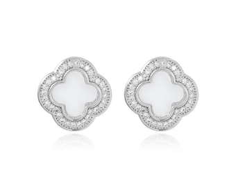 Silver Four Leaf Clover Earring with Mother of Pearl and Micro-Zircon, Mother of Pearl Earring, Gift for Her, Hypoallergenic Earring