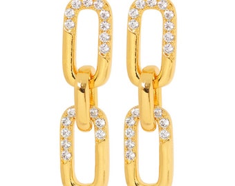18k Gold Plated Double Link Earring with Micro-Zircon Detail, Double Hoop Earring, High End Jewelry, Nickel free, Gift for her