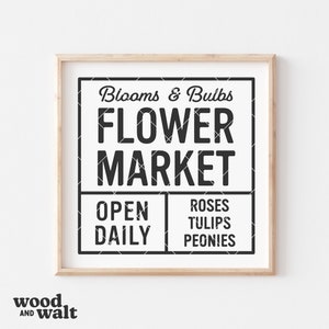Mercato dei fiori Blooms & Bulbs SVG / File di taglio del cartello primaverile / SVG di fiori freschi / Design del mercato dei fiori vintage / Design PNG primaverile