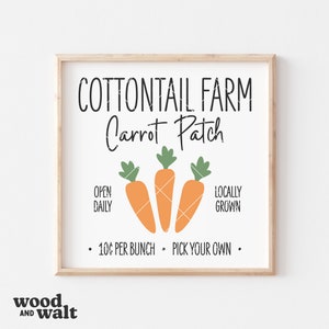 Puede incluir: Un cartel blanco con texto negro que dice "COTTONTAIL FARM Carrot Patch". El cartel también incluye tres zanahorias naranjas con hojas verdes, las palabras "OPEN DAILY", "LOCALLY GROWN", y el texto "• 10¢ PER BUNCH • PICK YOUR OWN •".