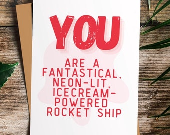 Tarjeta de amistad divertida: saludo de cohete fantástico (archivo de impresión de 5x7)