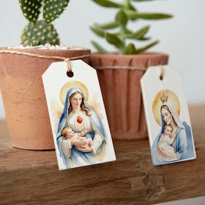 Afdrukbare kersttags | Heilige familie | Maria en kindje Jezus | Kerststal-tags | A4- en Letter-formaat