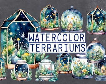 Enchanted gardens | Watercolor terrariums clip art | Magical terrarium .png files | Botanical clipart | Hand painted | Instant download