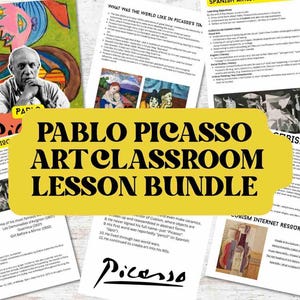 Peut inclure: Ensemble de documents pédagogiques pour une classe d'art, avec le texte "Pablo Picasso Art Classroom Lesson Bundle". L'image comprend des feuilles imprimées avec des informations sur Picasso, son œuvre et des sujets connexes. Un portrait de Picasso est également visible.