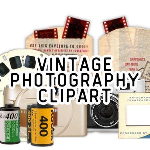 Puede incluir: Un conjunto de imágenes prediseñadas de fotografía vintage. La imagen incluye rollos de película, una cámara, un visor de diapositivas y tiras de película. El texto incluye "VINTAGE PHOTOGRAPHY CLIPART" y "EKTACHROME TRANSPARENCY". La paleta de colores es neutra con toques de rojo y amarillo.