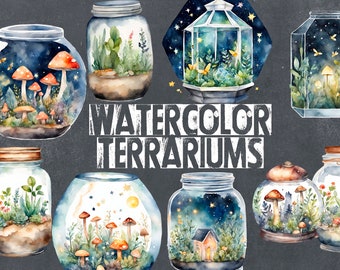 Fairy gardens | Watercolor terrariums clip art | 10 Magical terrarium .png files | Botanical clipart | Hand painted | Instant download