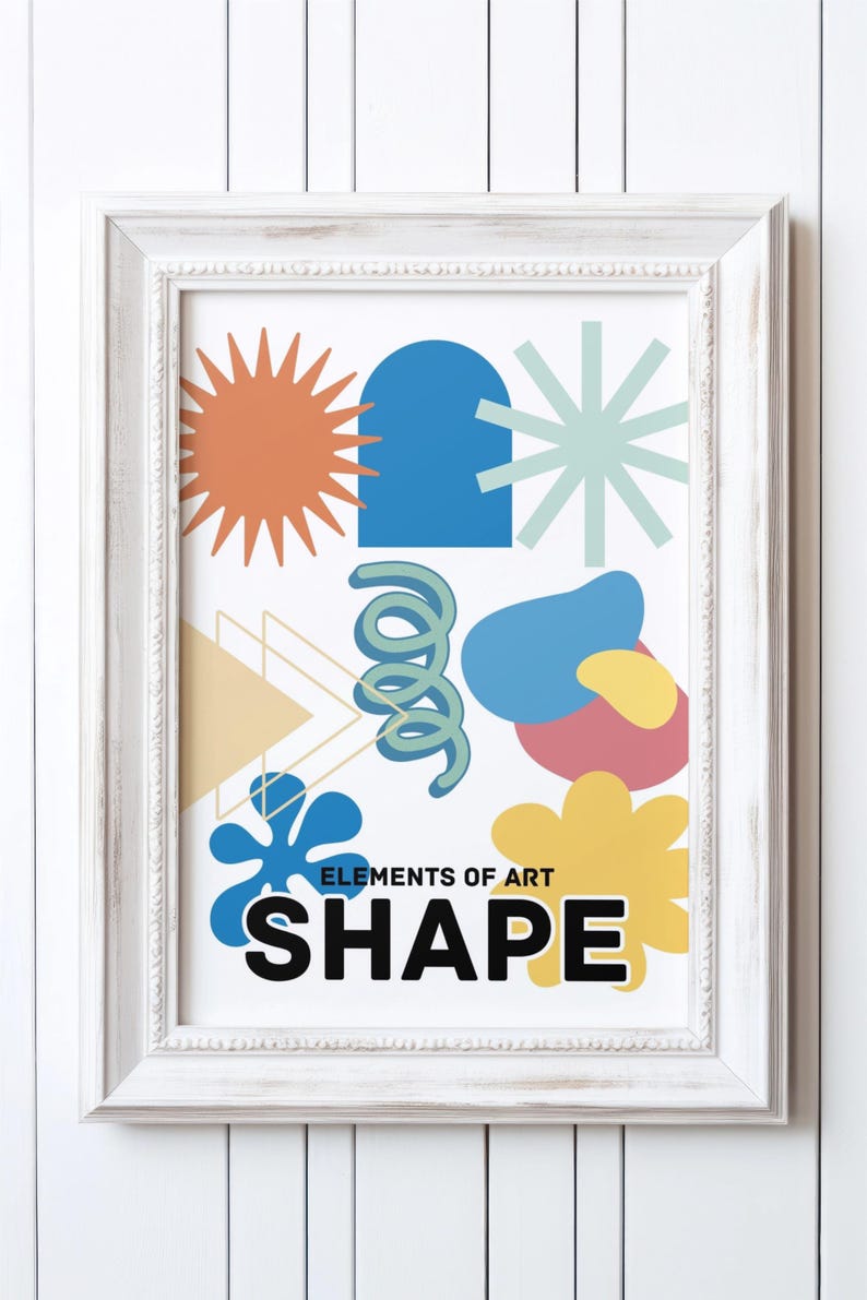 Puede incluir: Una impresi&oacute;n enmarcada en blanco con las palabras "Elements of Art" y "SHAPE" en texto negro. La impresi&oacute;n presenta varias formas geom&eacute;tricas en diferentes colores, incluyendo un arco azul, una espiral verde, una estrella amarilla, una flor roja y una mancha azul.
