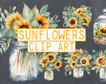 Watercolor Sunflower clipart | Six PNG Sunflower bouquet files | diy flower digital art