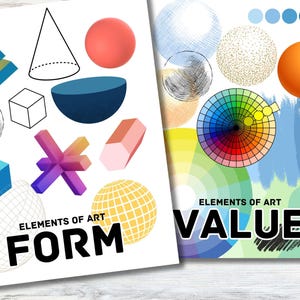 Puede incluir: Dos ilustraciones que muestran los elementos del arte, la forma y el valor. La ilustraci&oacute;n de la forma muestra una variedad de formas 3D, incluyendo una pir&aacute;mide, un cono, una esfera, un cubo y una forma de estrella. La ilustraci&oacute;n del valor muestra una rueda de color, un degradado de azul y una variedad de texturas.