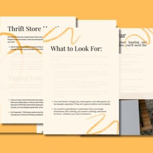 Op de afbeelding: Een pagina uit een gids over het zoeken naar schatten in kringloopwinkels, met de tekst "Thrift Store" en "What to Look For:" in zwart op een witte achtergrond. De tekst wordt omringd door een abstract geel en oranje ontwerp.