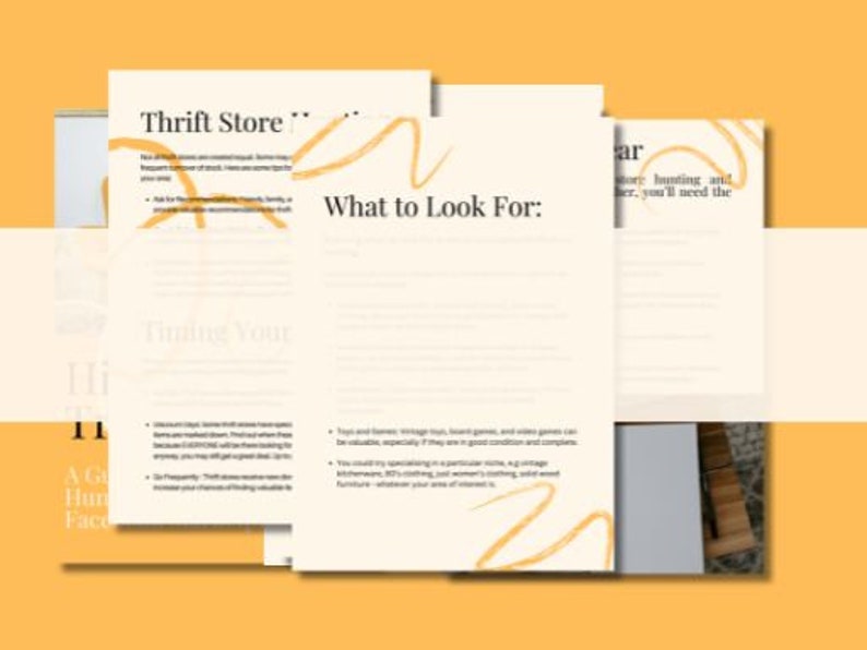Op de afbeelding: Een pagina uit een gids over het zoeken naar schatten in kringloopwinkels, met de tekst "Thrift Store" en "What to Look For:" in zwart op een witte achtergrond. De tekst wordt omringd door een abstract geel en oranje ontwerp.