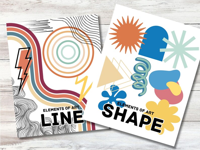 Puede incluir: Dos p&aacute;ginas blancas con dise&ntilde;os abstractos coloridos. La p&aacute;gina de la izquierda tiene el texto "Elements of Art LINE" y la p&aacute;gina de la derecha tiene el texto "Elements of Art SHAPE".