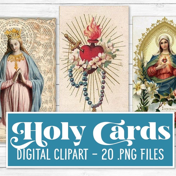 Twenty Vintage Holy Cards | digital clip art | +/- 5 inch tall .png files | Antique Religious Ephemera