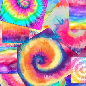 Op de afbeelding: Abstracte digitale kunst met een kleurrijk tie-dye patroon in tinten roze, blauw, geel en oranje. Het patroon bestaat uit overlappende cirkels en swirls, wat een psychedelisch effect cre&euml;ert.