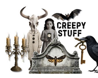 May include: A collage of spooky elements including a skull-masked figure, a girl holding a clock, a bat, a raven with a key, a tombstone with a moth, and a candelabra. The text "CREEPY STUFF" is displayed.