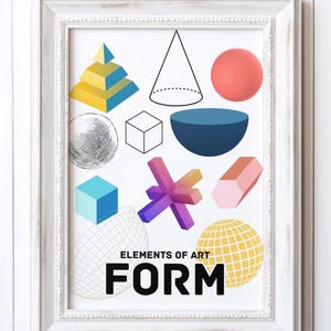 Puede incluir: Una impresi&oacute;n enmarcada en blanco con las palabras "Elements of Art FORM" en texto negro. La impresi&oacute;n presenta varias formas geom&eacute;tricas en diferentes colores, incluyendo una pir&aacute;mide amarilla, una esfera azul, una esfera roja, un cono azul, una estrella morada, un hex&aacute;gono rosa y una esfera amarilla con un patr&oacute;n de cuadr&iacute;cula.