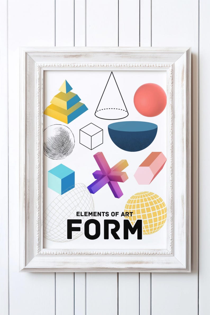 Puede incluir: Una impresi&oacute;n enmarcada en blanco con las palabras "Elements of Art FORM" en texto negro. La impresi&oacute;n presenta varias formas geom&eacute;tricas en diferentes colores, incluyendo una pir&aacute;mide amarilla, una esfera azul, una esfera roja, un cono azul, una estrella morada, un hex&aacute;gono rosa y una esfera amarilla con un patr&oacute;n de cuadr&iacute;cula.