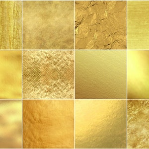 May include: A collage of 12 different gold textures, including brushed, hammered, and wrinkled finishes. The textures are arranged in a grid pattern.