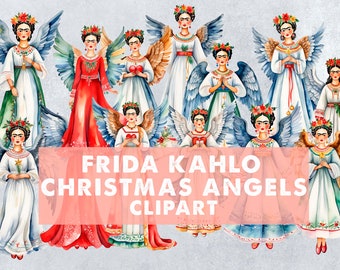 Ten watercolor Frida Christmas Angels | digital clip art | +/- 10 inch tall .png files | Watercolor Mexican artist