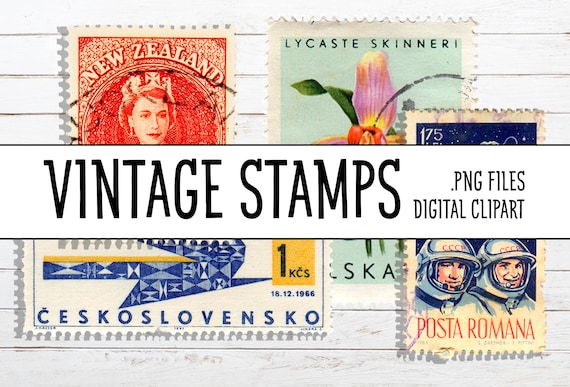 40 Vintage Postage Stamps: PNG Clipart (Digital Download)