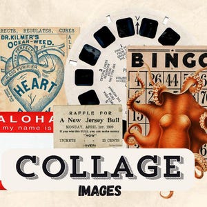 Op de afbeelding: Een collage van vintage afbeeldingen, waaronder een hartvormige illustratie met de tekst "DR. KILMER'S OCEAN-WEED", een vintage bingokaart met de tekst "BINGO", een vintage advertentie voor een loterij voor een New Jersey Bull en een vintage illustratie van een octopus.