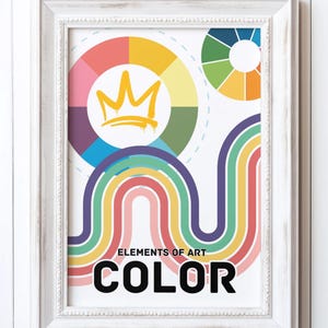 Puede incluir: Una impresi&oacute;n enmarcada en blanco con una rueda de colores colorida y el texto "Elements of Art Color". La rueda de colores est&aacute; rodeada por una corona y un arco&iacute;ris de l&iacute;neas curvas.