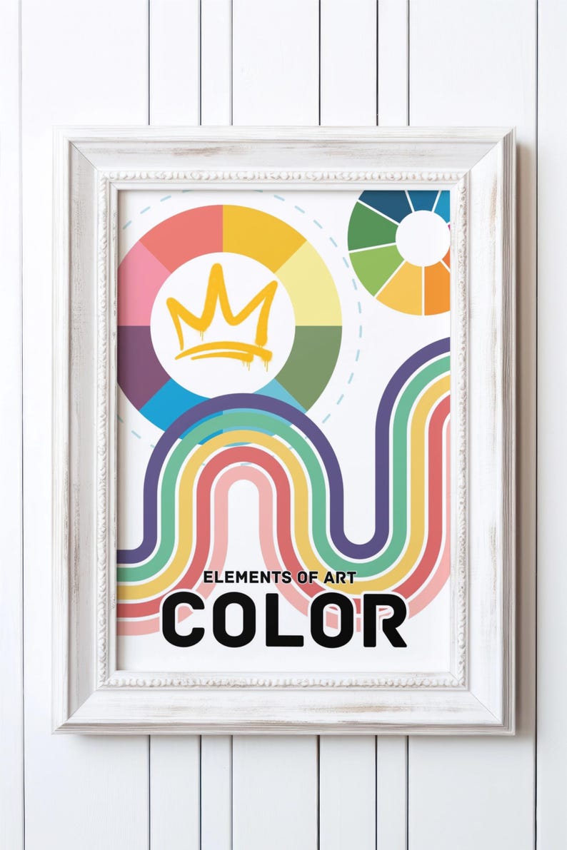 Puede incluir: Una impresi&oacute;n enmarcada en blanco con una rueda de colores colorida y el texto "Elements of Art Color". La rueda de colores est&aacute; rodeada por una corona y un arco&iacute;ris de l&iacute;neas curvas.