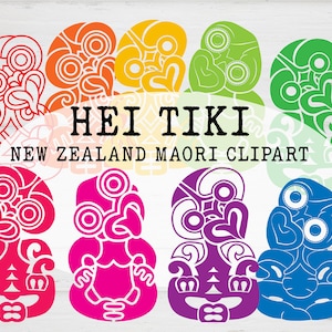 Imágenes prediseñadas digitales de Hei Tiki / Maorí de Nueva Zelanda / 9 imágenes tiki .png multicolores del arcoíris / 300 dpi