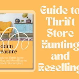 Op de afbeelding: Een boekomslag met een gele fauteuil en een blauwe commode op de achtergrond. De titel van het boek is "Hidden Treasure: A Guide to Thrift Store Hunting and Reselling on Facebook Marketplace."