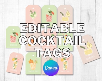 Può includere: Etichette per cocktail modificabili con illustrazioni di diversi cocktail, tra cui un gin tonic, una margarita, un mimosa e un martini alla pera. Le etichette sono in rosa pastello e verde con il testo "Cheers", "Thank You" e "Canva".